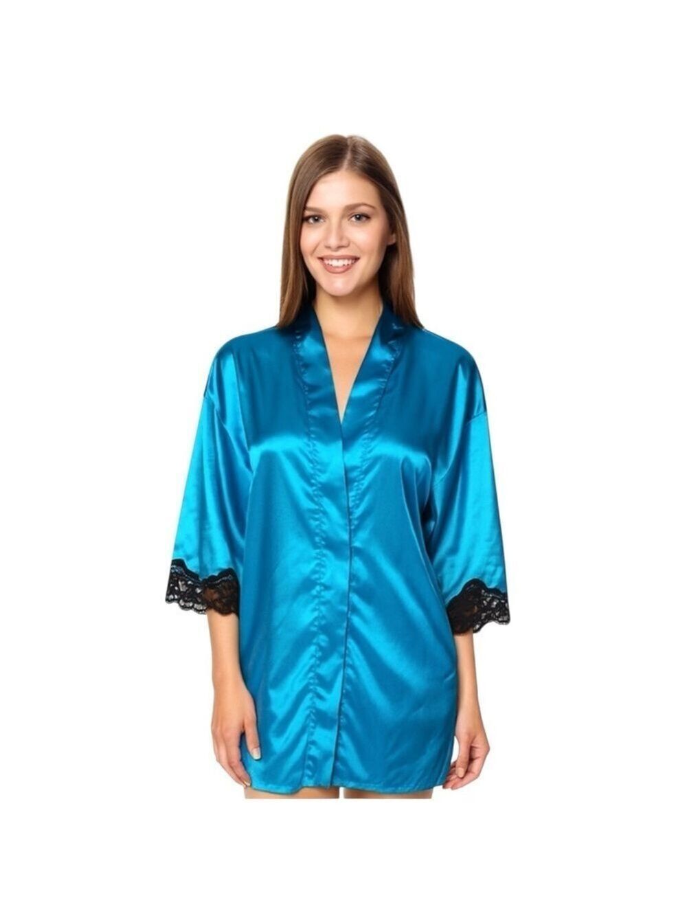 Frederick's of Hollywood Turquoise Satin Robe Black Lace Trim Size Small